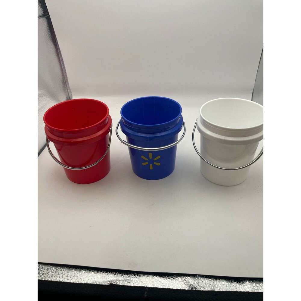 Set of 3 Mini Plastic Buckets Red White Blue 4” Pails Walmart No Lids-NEW